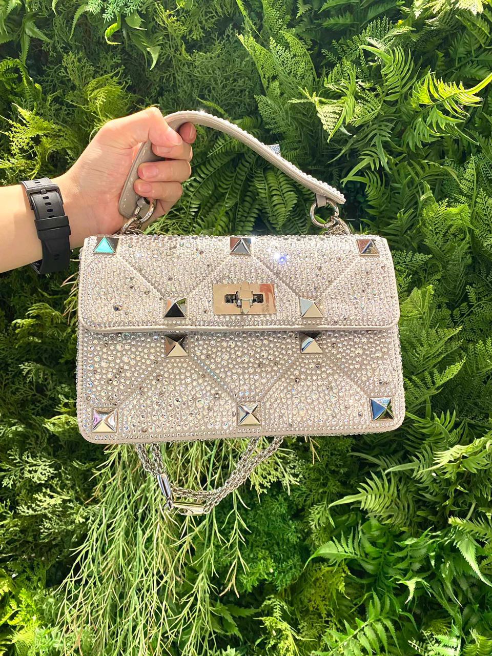 Valentino Roman Stud Medium Shoulder Bag in White Suede Leather Rhinestones & Swarovski Crystals