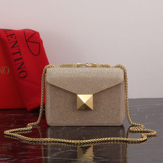 Women’s All Over Rhinestones One Stud Crossbody Purse In Genuine Leather